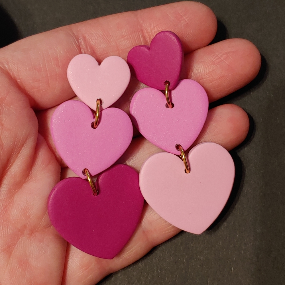 Handmade polymer clay pink ombre heart dangle earrings